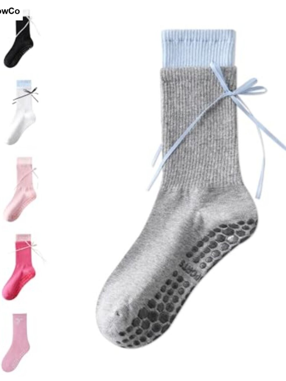 Non-Slip Yoga Grip Socks with Bow, Cotton Blend, Pilates & Barre